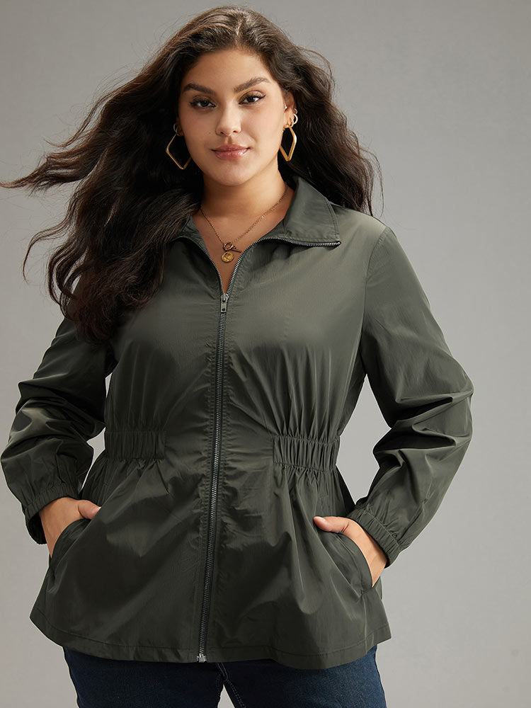 

Plus Size Wind-Resistant Waistline Inside Zipper Fly Windbreaker Women DimGray Elastic cuffs Pocket Everyday Jackets BloomChic