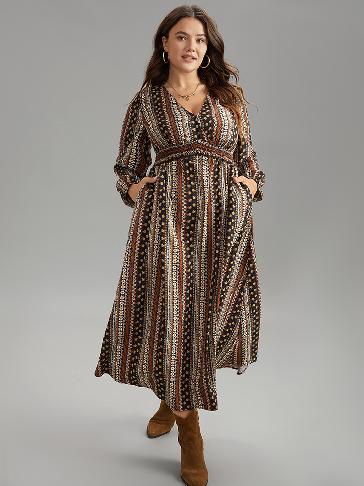 

Plus Size Bandana Print Wrap Shirred Dress Multicolor Women Resort Elastic cuffs V-neck Long Sleeve Curvy Midi Dress BloomChic