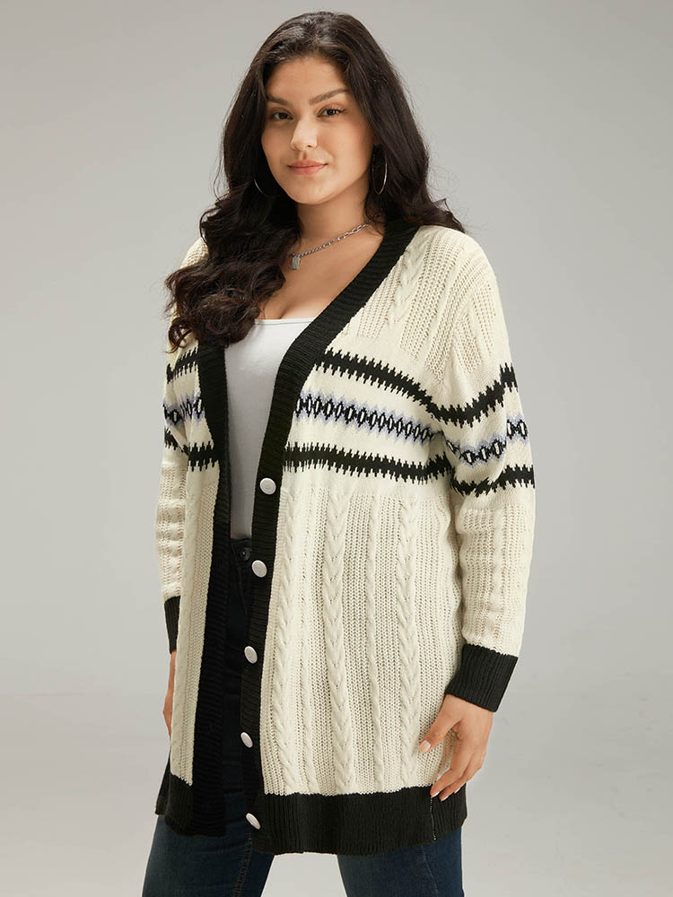 

Plus Size Cable Knit Striped Geo Button Fly Cardigan Beige Women Casual Loose Long Sleeve Dailywear Cardigans BloomChic