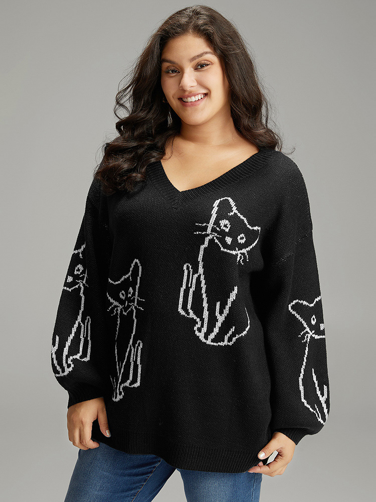 

Plus Size Supersoft Essentials Cat Print V Neck Pullover Black Women Casual Long Sleeve V-neck Dailywear Pullovers BloomChic