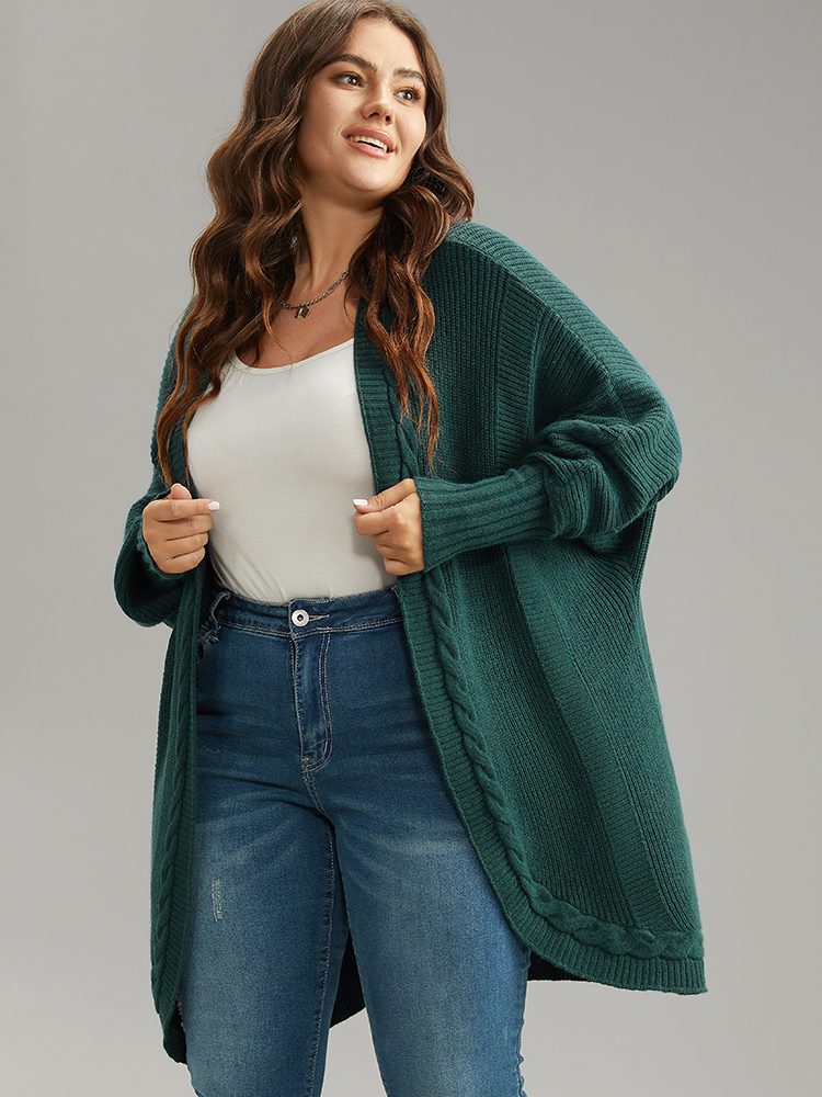 Plus Size Supersoft Essentials Batwing Sleeve Cable Knit Cardigan DarkGreen Women Casual Loose Long Sleeve Dailywear Cardigans BloomChic 14-16/1X 