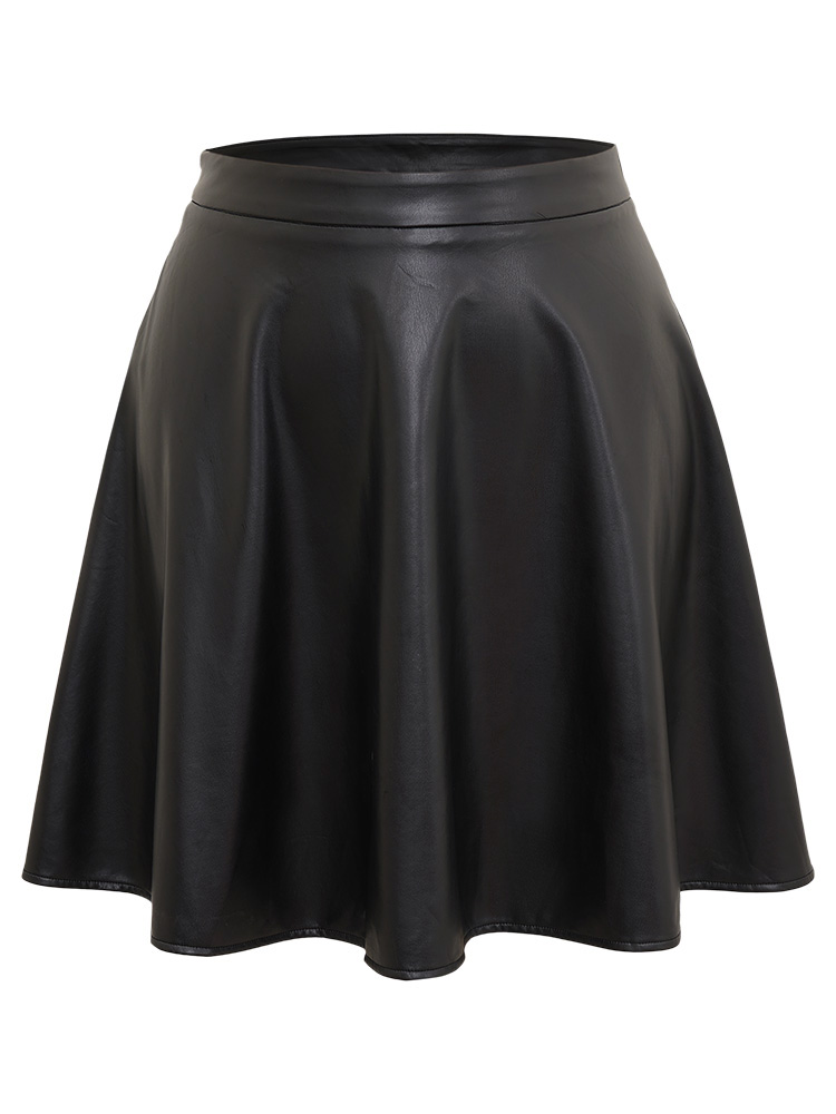 

Plus Size Solid PU Cropped Ruffle Hem Skirt Women Black Office A-line No stretch Work Skirts BloomChic