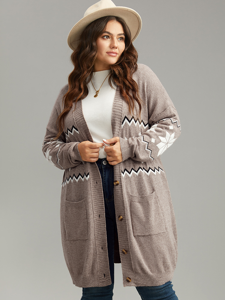 

Plus Size Supersoft Essentials Geometric Button Through Cardigan LightBrown Women Casual Loose Long Sleeve Dailywear Cardigans BloomChic