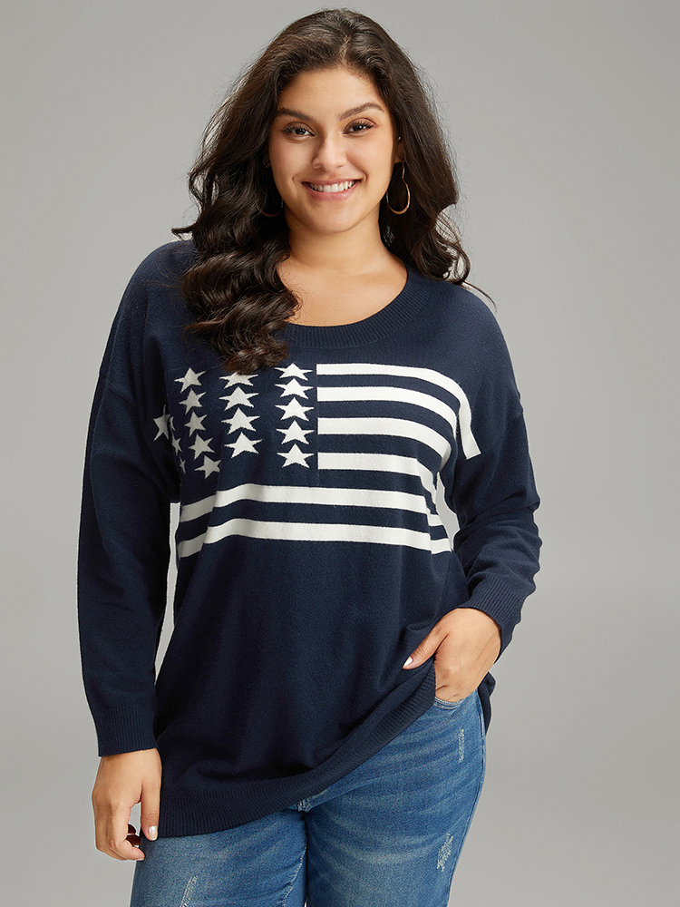 

Plus Size Supersoft Essentials Flag Print Loose Pullover Midnight Women Casual Loose Long Sleeve Round Neck Everyday Pullovers BloomChic