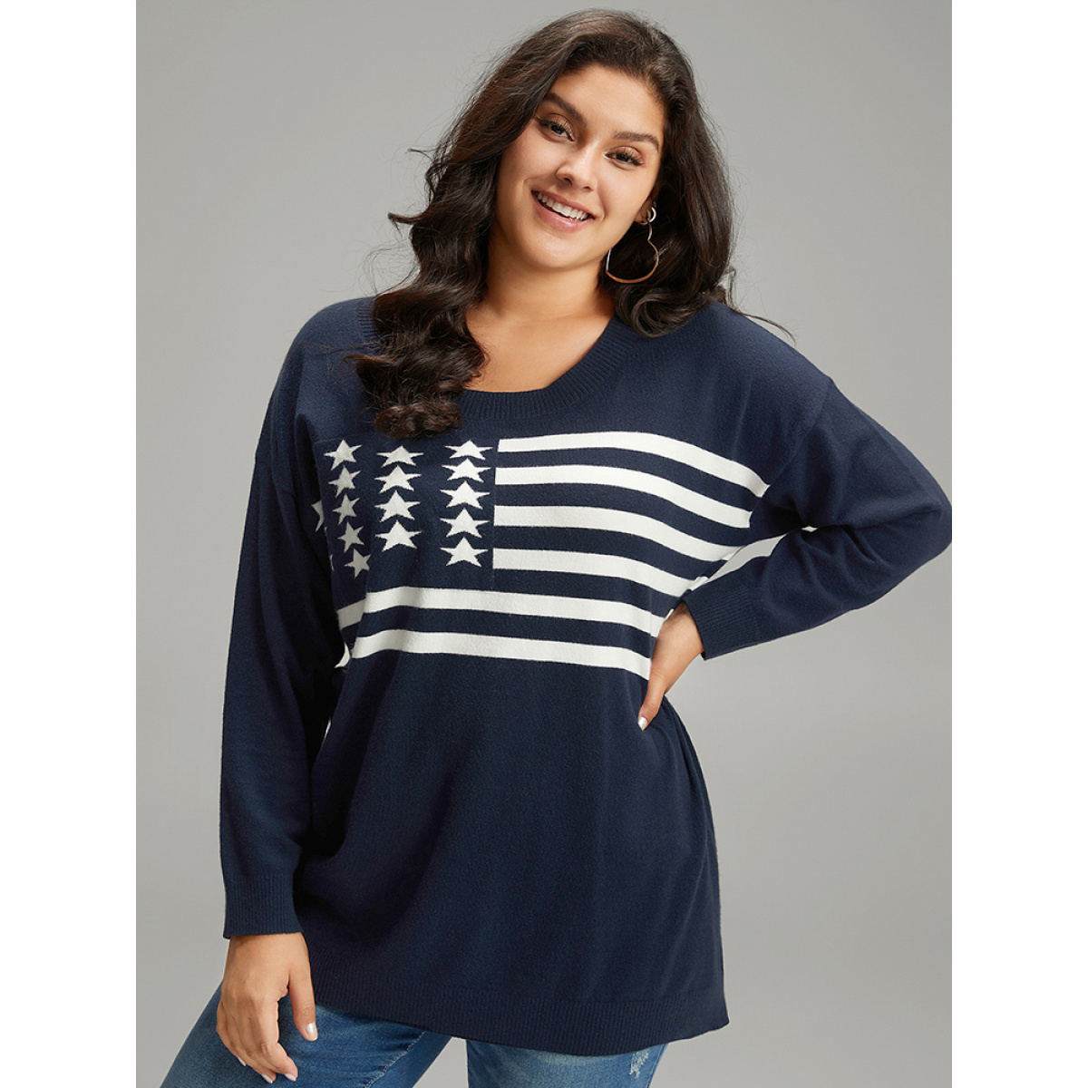 

Plus Size Supersoft Essentials Flag Print Loose Pullover Midnight Women Casual Loose Long Sleeve Round Neck Everyday Pullovers BloomChic