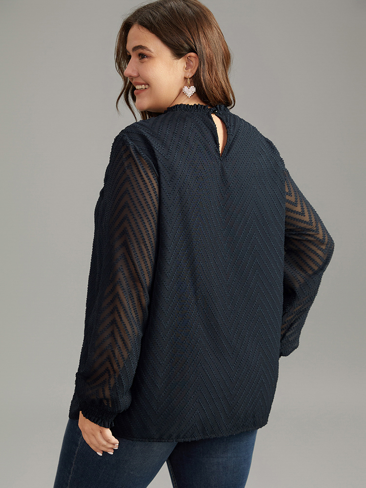 Plus Size Midnight Plain Patchwork Mesh Shirred Frill Trim Blouse Women Office Long Sleeve Round Neck Work Blouses BloomChic 14-16/1X 