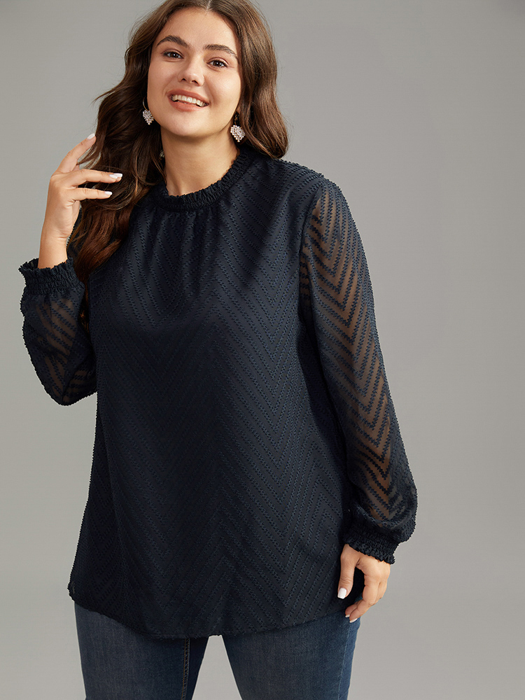 Plus Size Midnight Plain Patchwork Mesh Shirred Frill Trim Blouse Women Office Long Sleeve Round Neck Work Blouses BloomChic 14-16/1X 