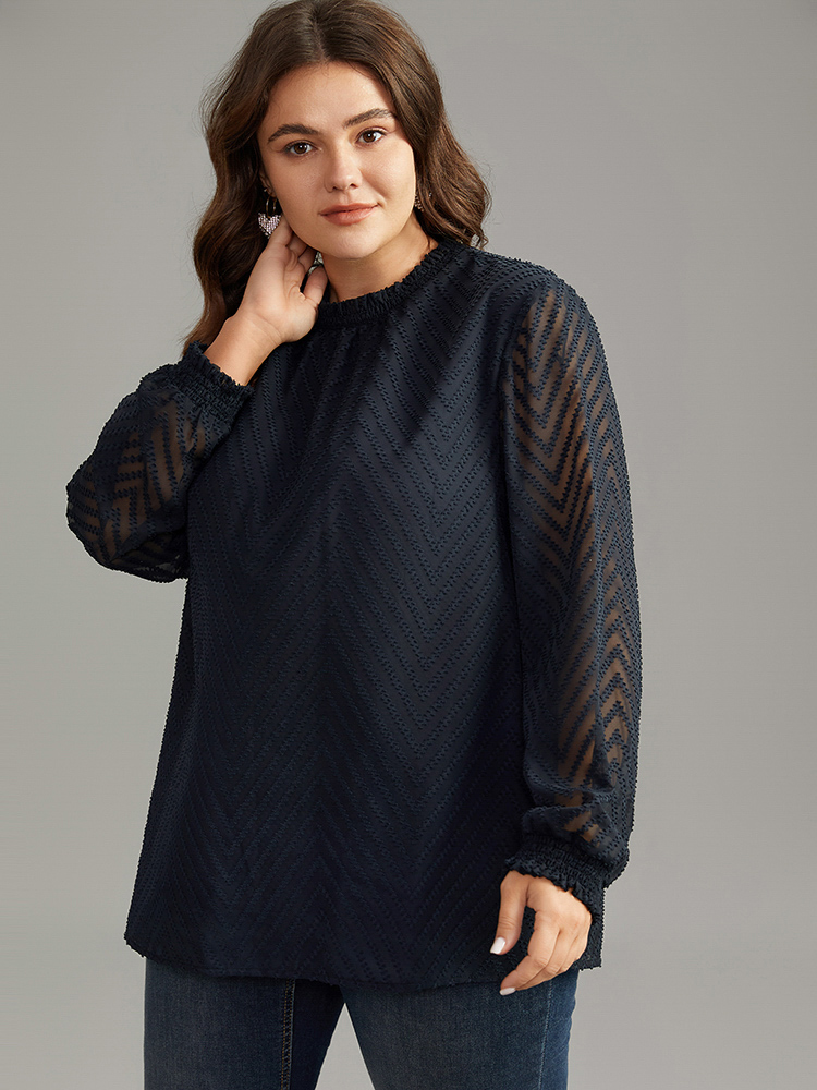 Plus Size Midnight Plain Patchwork Mesh Shirred Frill Trim Blouse Women Office Long Sleeve Round Neck Work Blouses BloomChic 14-16/1X 