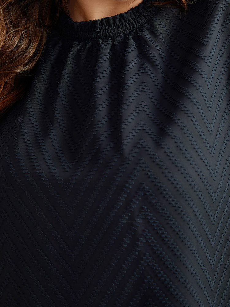 Plus Size Midnight Plain Patchwork Mesh Shirred Frill Trim Blouse Women Office Long Sleeve Round Neck Work Blouses BloomChic 14-16/1X 