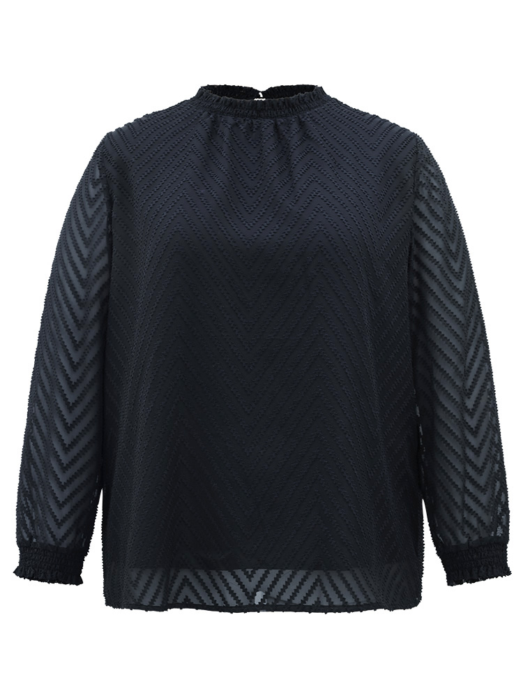 Plus Size Midnight Plain Patchwork Mesh Shirred Frill Trim Blouse Women Office Long Sleeve Round Neck Work Blouses BloomChic 14-16/1X 