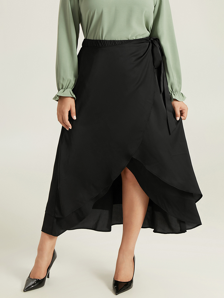 

Plus Size Anti-Wrinkle Ruffles Ties Asymmetrical Hem Skirt Women Black Office Plain No stretch Work Skirts BloomChic
