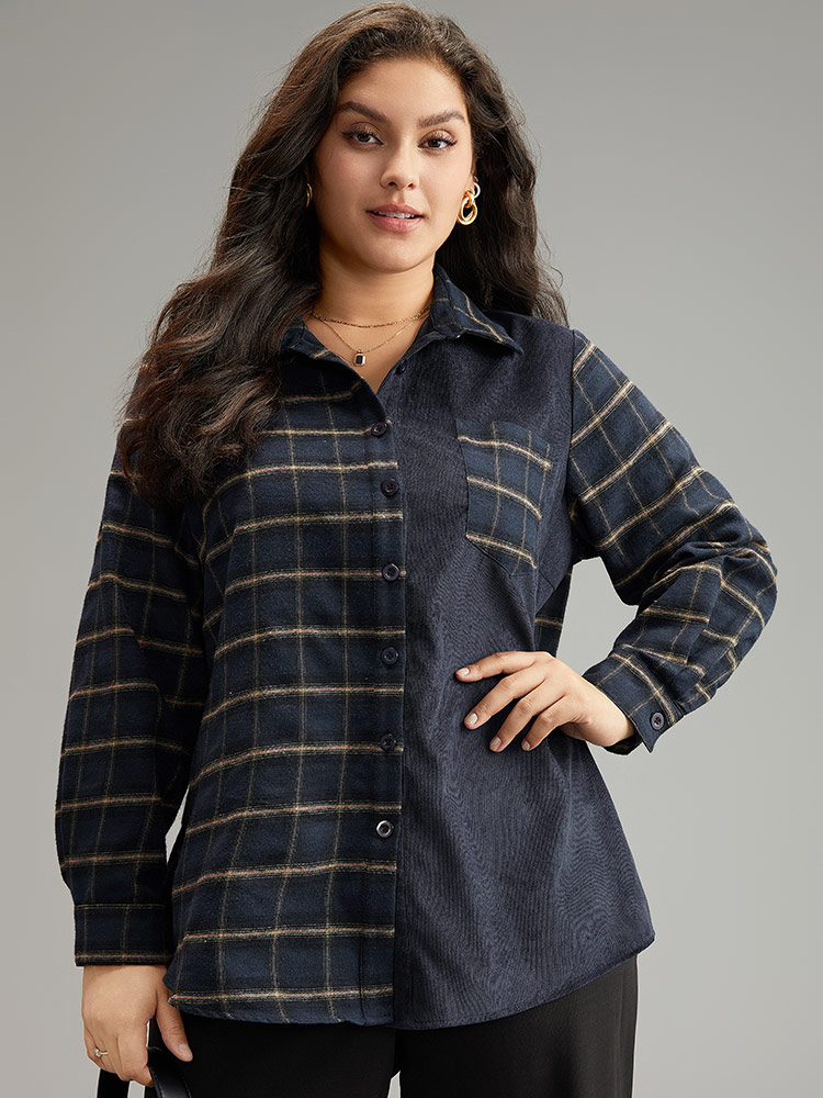 

Plus Size Shirt Collar Plaid Patchwork Pocket Blouse Indigo Long Sleeve Shirt collar Casual Shirts