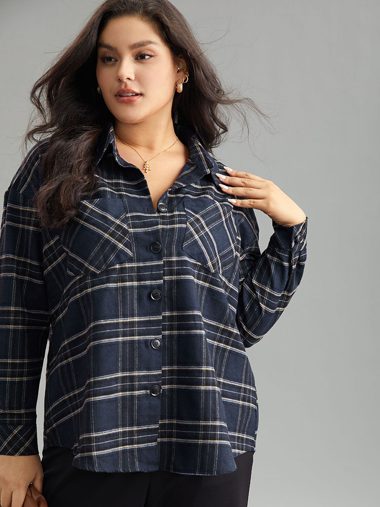 

Plus Size Plaid Shirt Collar Button Through Pocket Blouse Indigo Long Sleeve Shirt collar Casual Shirts