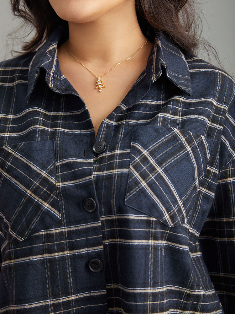 

Plus Size Plaid Shirt Collar Button Through Pocket Blouse Indigo Long Sleeve Shirt collar Casual Shirts