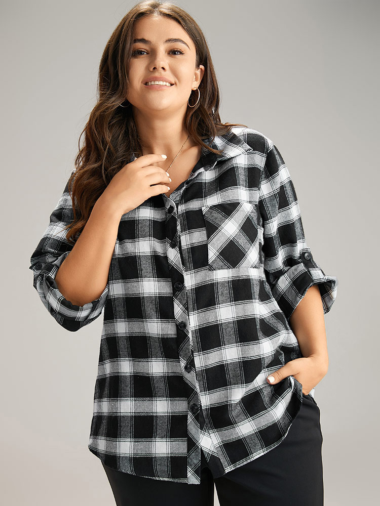 

Plus Size Shirt Collar Plaid Patchwork Pocket Tab Sleeve Blouse Black Long Sleeve Shirt collar Office Shirts