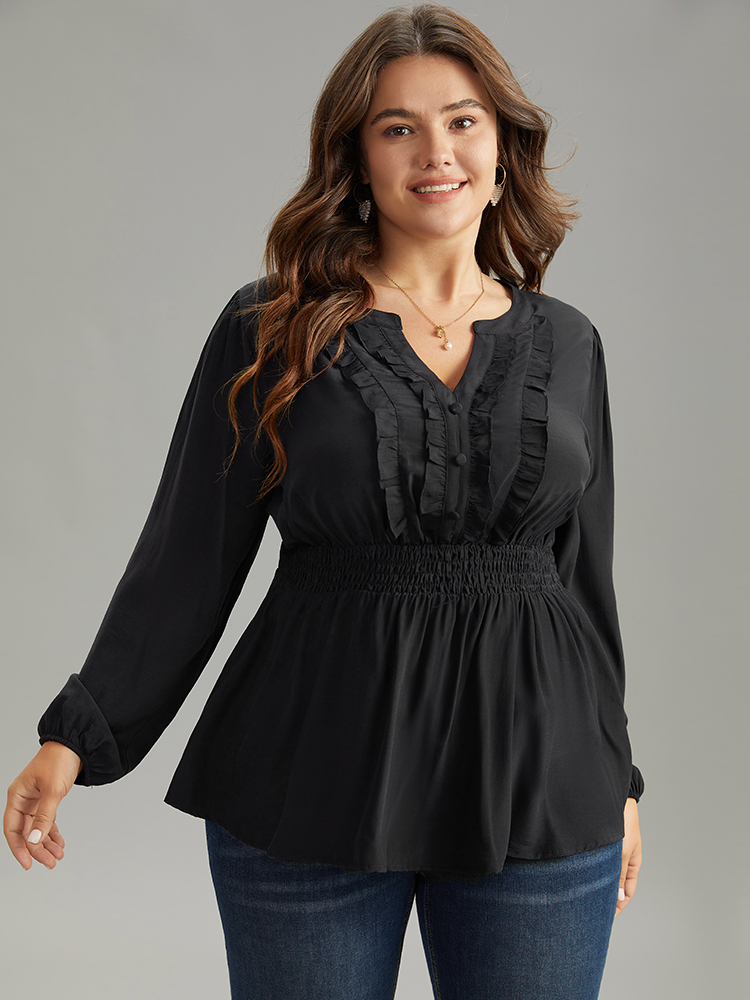 

Plus Size Black Solid Frill Trim Shirred Flutter Hem Blouse Women Elegant Long Sleeve Notched collar Dailywear Blouses BloomChic