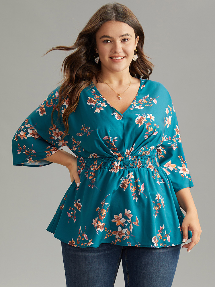 

Plus Size Aegean Floral Print Shirred Plicated Detail Blouse Women Elegant Elbow-length sleeve V-neck Dailywear Blouses BloomChic