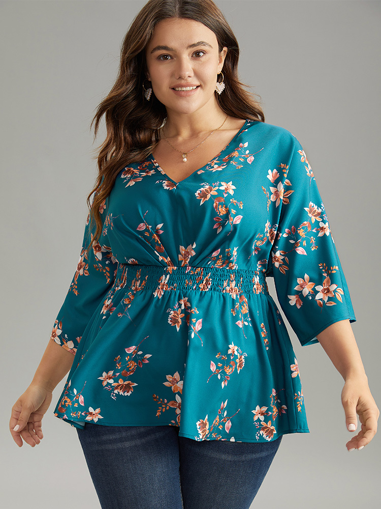 

Plus Size Aegean Floral Print Shirred Plicated Detail Blouse Women Elegant Elbow-length sleeve V-neck Dailywear Blouses BloomChic