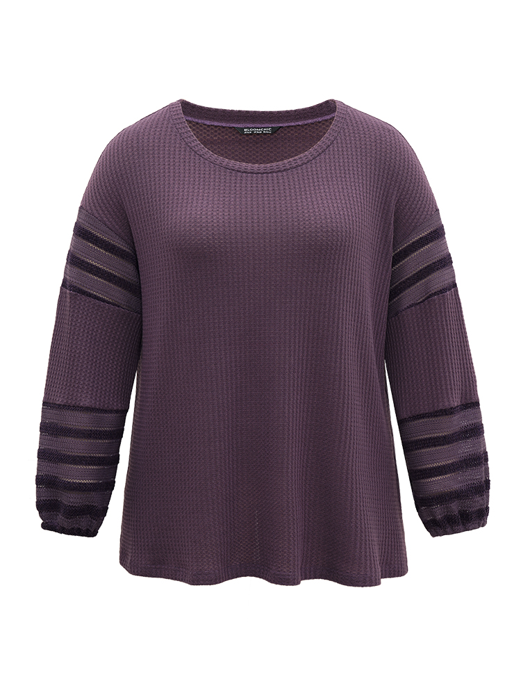 

Plus Size Plain Texture Patchwork Hollow Out T-shirt Mauve Women Casual Elastic cuffs Plain Round Neck Dailywear T-shirts BloomChic