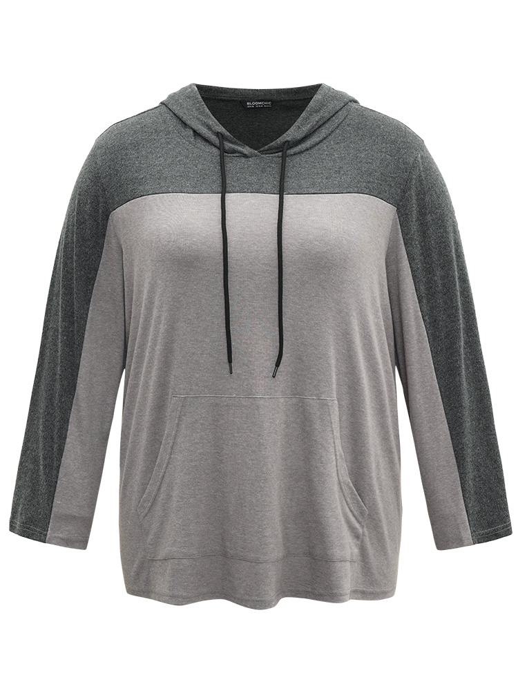 

Plus Size Patchwork Contrast Pocket Hooded Drawstring T-shirt Gray Women Casual Contrast Plain Hooded Dailywear T-shirts BloomChic