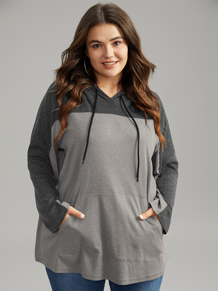 

Plus Size Patchwork Contrast Pocket Hooded Drawstring T-shirt Gray Women Casual Contrast Plain Hooded Dailywear T-shirts BloomChic