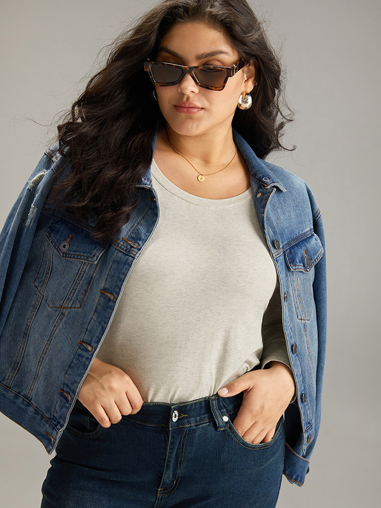 Plus Size Women Dailywear Plain Plain Regular Sleeve Long Sleeve Round Neck Casual T-shirts BloomChic 