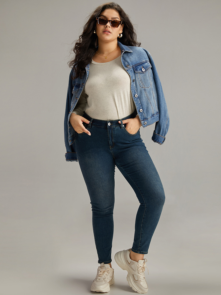 Plus Size Women Dailywear Plain Plain Regular Sleeve Long Sleeve Round Neck Casual T-shirts BloomChic 