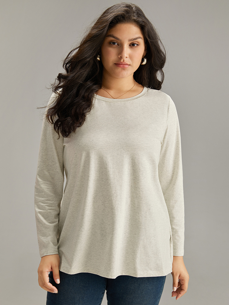 Plus Size Women Dailywear Plain Plain Regular Sleeve Long Sleeve Round Neck Casual T-shirts BloomChic 