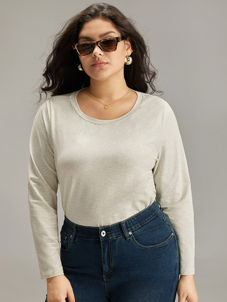 Plus Size Women Dailywear Plain Plain Regular Sleeve Long Sleeve Round Neck Casual T-shirts BloomChic 