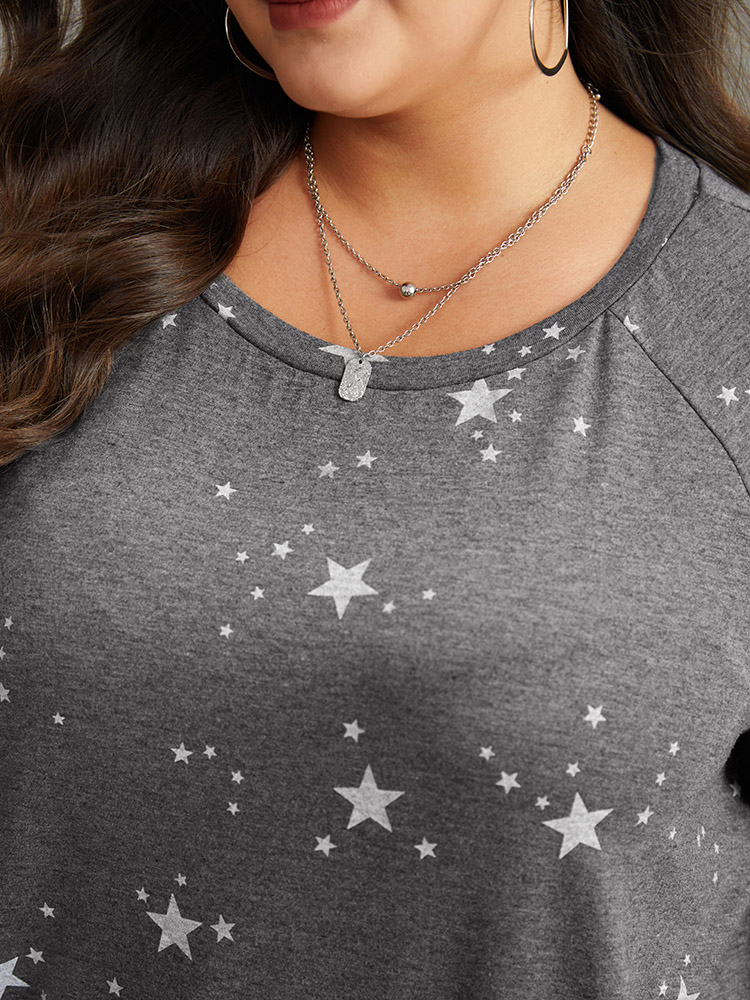 

Plus Size Star Print Raglan Sleeve Crew Neck T-shirt Gray Women Casual Printed Moon and Star Round Neck Dailywear T-shirts BloomChic
