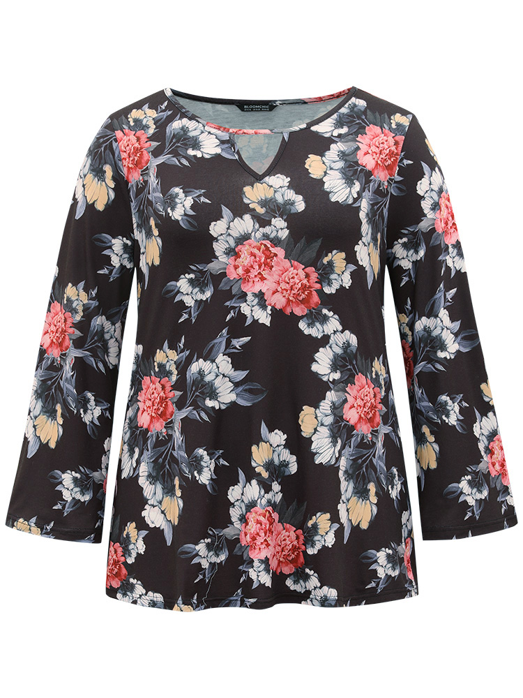 Plus Size Women Dailywear Floral Cut-Out Ruffle Sleeve Long Sleeve Keyhole Cut-Out Casual T-shirts BloomChic 
