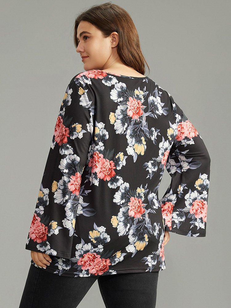 Plus Size Women Dailywear Floral Cut-Out Ruffle Sleeve Long Sleeve Keyhole Cut-Out Casual T-shirts BloomChic 