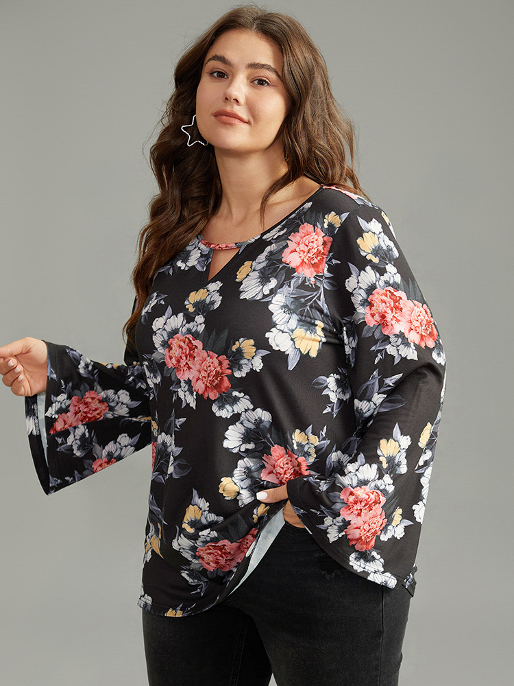 Plus Size Women Dailywear Floral Cut-Out Ruffle Sleeve Long Sleeve Keyhole Cut-Out Casual T-shirts BloomChic 