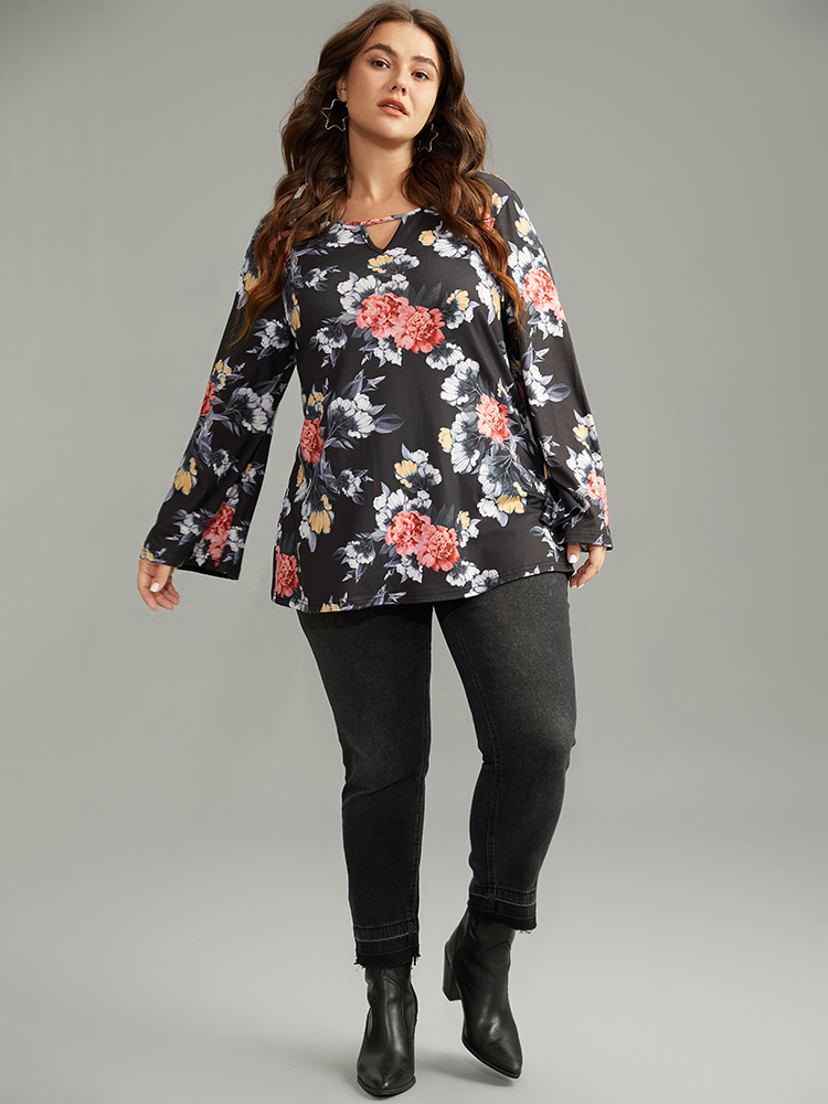 Plus Size Women Dailywear Floral Cut-Out Ruffle Sleeve Long Sleeve Keyhole Cut-Out Casual T-shirts BloomChic 
