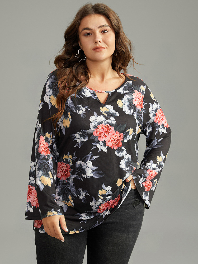 Plus Size Women Dailywear Floral Cut-Out Ruffle Sleeve Long Sleeve Keyhole Cut-Out Casual T-shirts BloomChic 