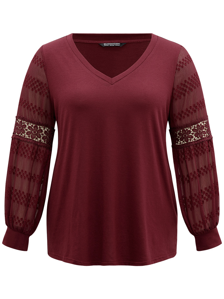 

Plus Size Supersoft Essentials Solid Guipure Lace Cut Out T-shirt Burgundy Women Elegant Elastic cuffs Plain V-neck Dailywear T-shirts BloomChic