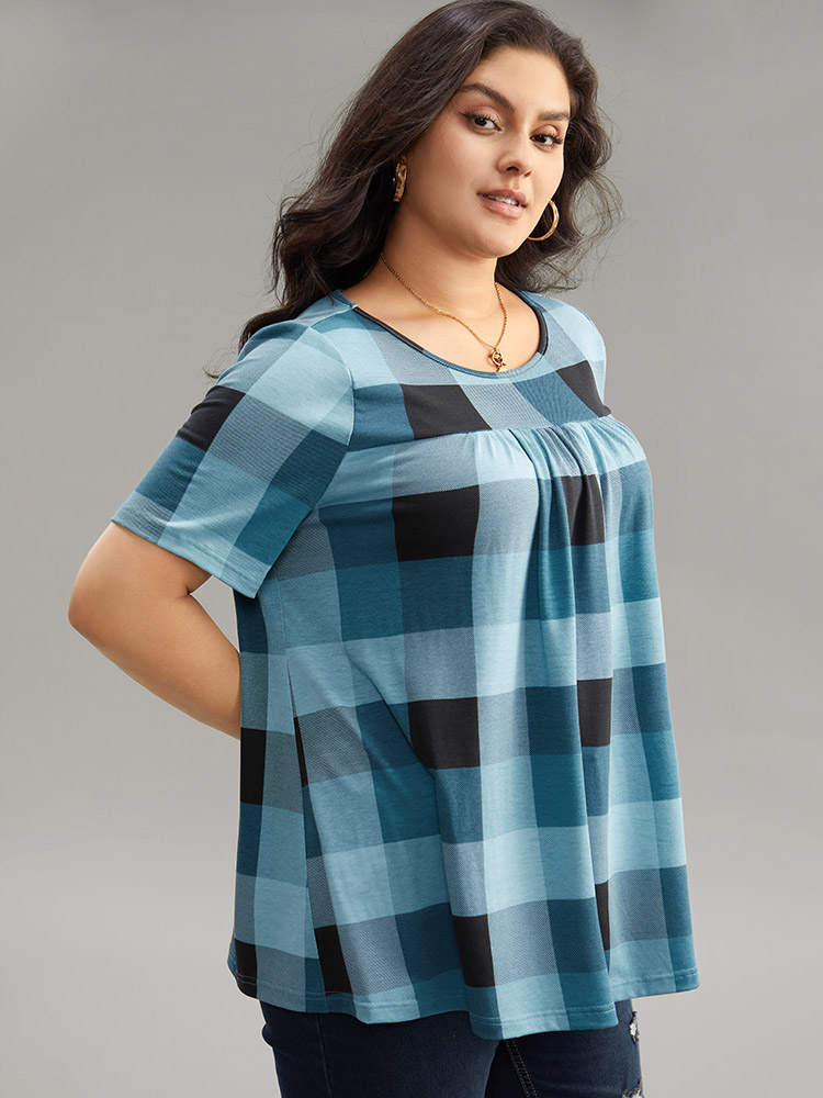 

Plus Size Plaid Round Neck Gathered T-shirt Blue Women Casual Gathered Plaid Round Neck Everyday T-shirts BloomChic