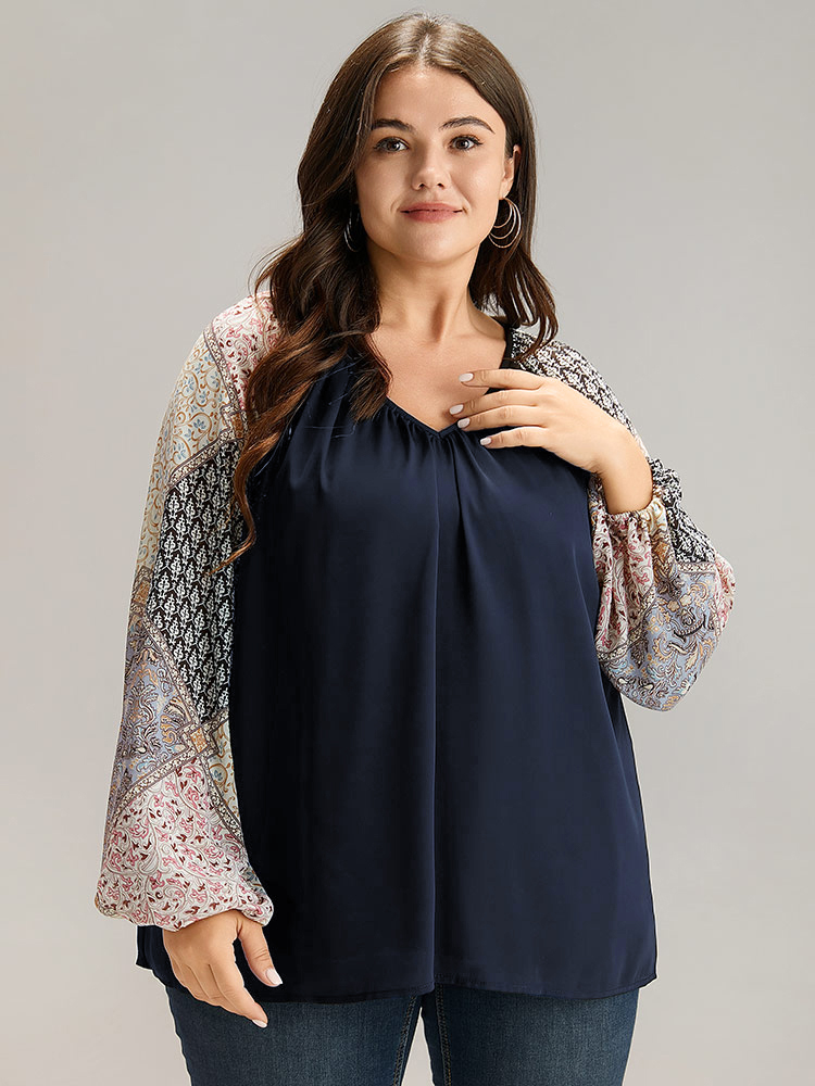 

Plus Size Indigo Bandana Patchwork Twill Contrast Lantern Sleeve Blouse Women Elegant Long Sleeve V-neck Dailywear Blouses BloomChic