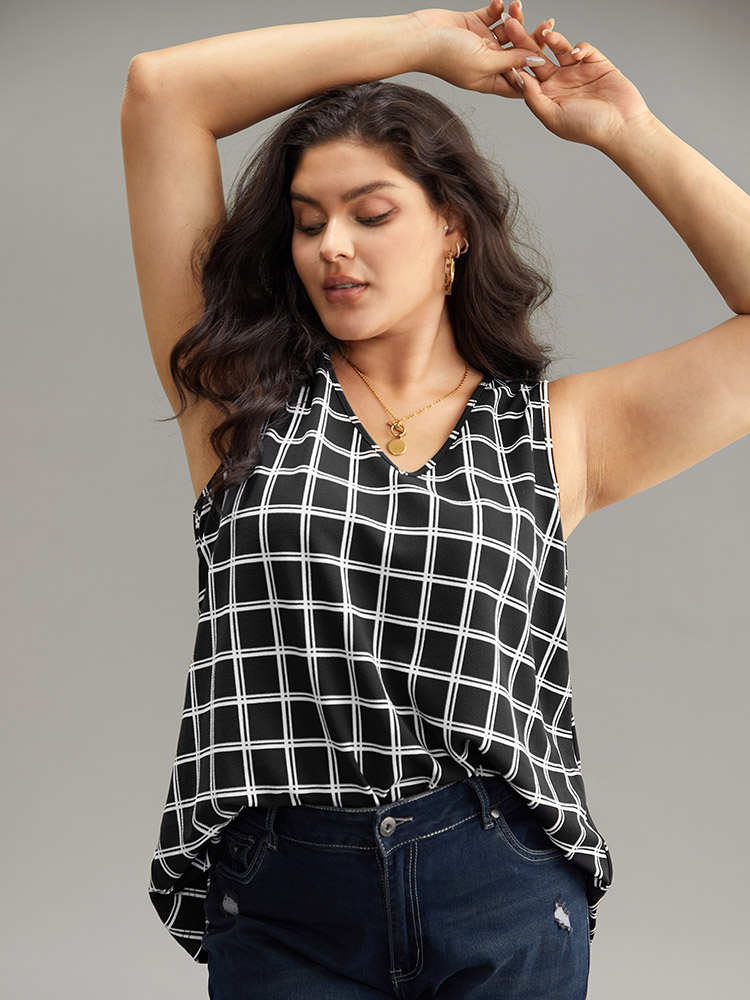 

Plus Size Gingham Print V Neck Tank Top Women Black Casual Printed V-neck Dailywear Tank Tops Camis BloomChic