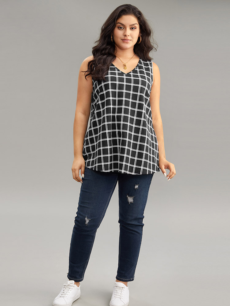 Plus Size Gingham Print V Neck Tank Top Women Black Casual Printed V-neck Dailywear Tank Tops Camis BloomChic 26/4X 