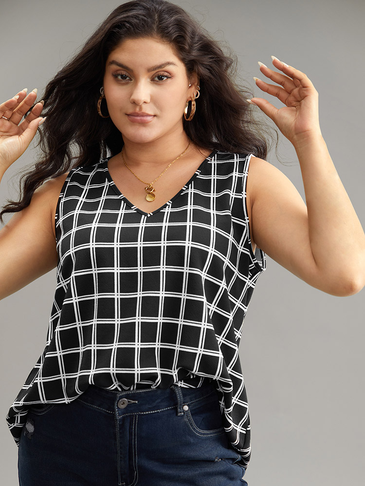 

Plus Size Gingham Print V Neck Tank Top Women Black Casual Printed V-neck Dailywear Tank Tops Camis BloomChic