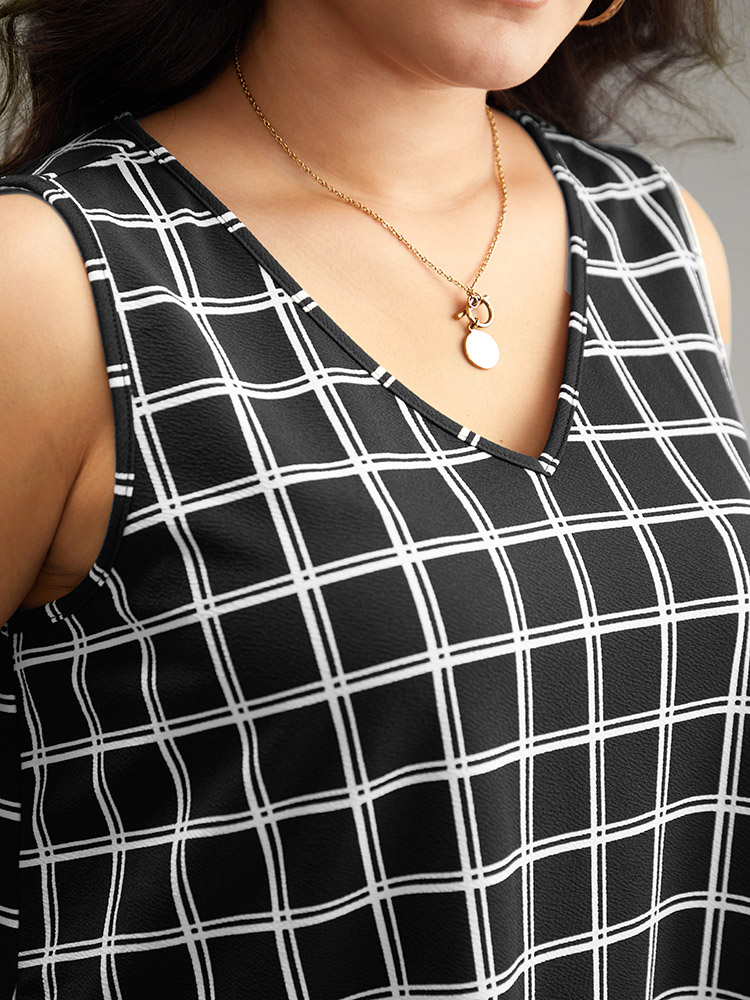 Plus Size Gingham Print V Neck Tank Top Women Black Casual Printed V-neck Dailywear Tank Tops Camis BloomChic 26/4X 
