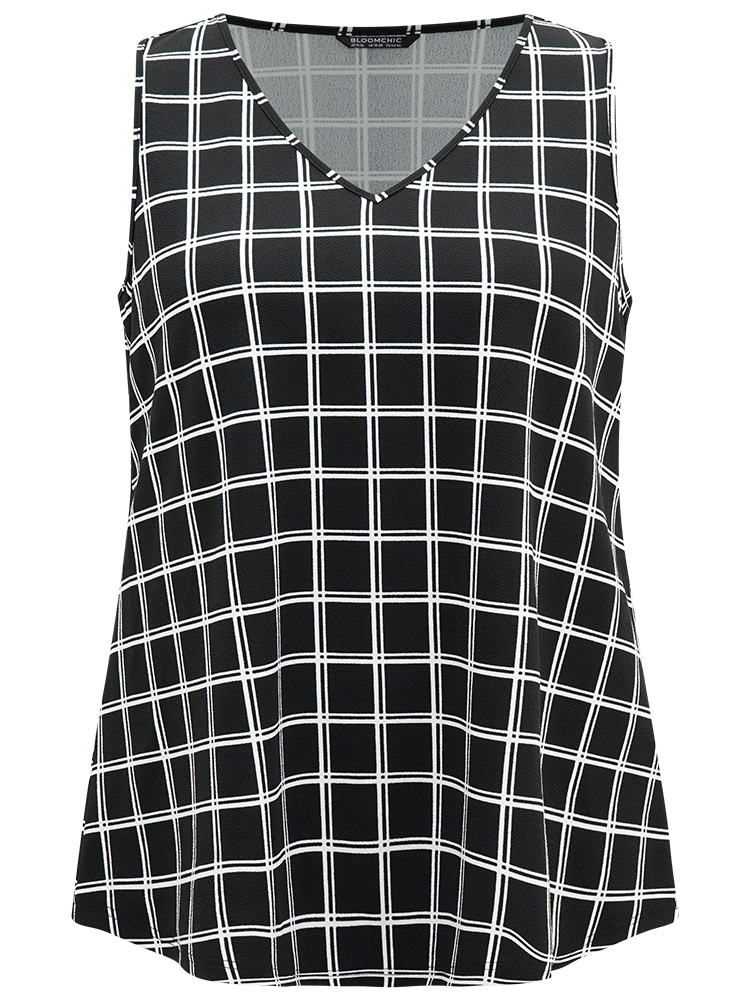 Plus Size Gingham Print V Neck Tank Top Women Black Casual Printed V-neck Dailywear Tank Tops Camis BloomChic 26/4X 