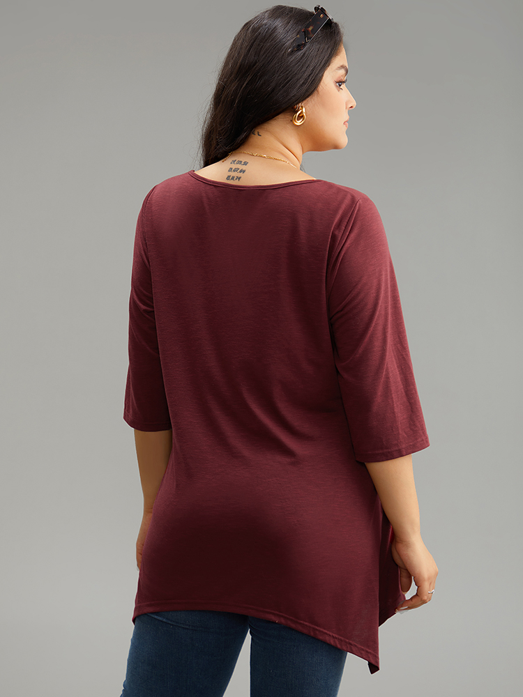 Plus Size Women Dailywear Plain Patchwork Regular Sleeve Elbow-length sleeve V-neck Elegant T-shirts BloomChic 
