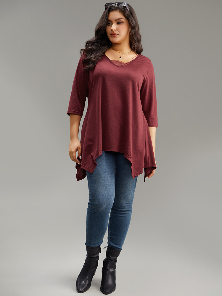 Plus Size Women Dailywear Plain Patchwork Regular Sleeve Elbow-length sleeve V-neck Elegant T-shirts BloomChic 