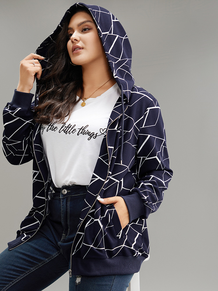 

Plus Size Geometric Zipper Hooded Drawstring Sweatshirt Women Midnight Casual Printed Hooded Dailywear Sweatshirts BloomChic