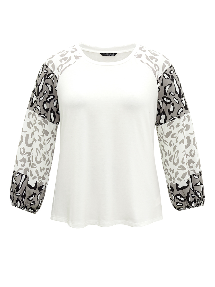 

Plus Size Leopard Patchwork Contrast Lantern Sleeve Sweatshirt White Women Casual Elastic cuffs Leopard Round Neck Dailywear T-shirts BloomChic