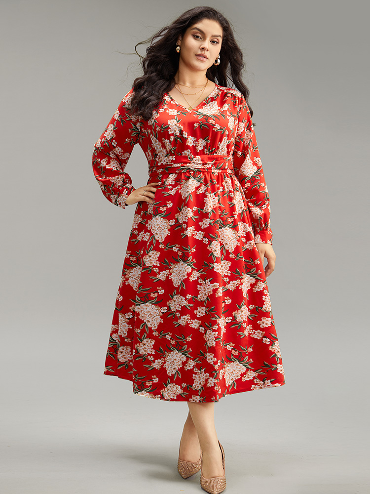 

Plus Size Floral Print Ruched Pocket Pleated Dress Red Women Elegant Printed V-neck Long Sleeve Curvy Midi Dress BloomChic