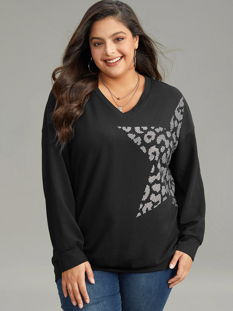Plus Size Women Dailywear Star and moon Printed Regular Regular Sleeve Long Sleeve V-neck Casual Sweatshirts BloomChic 