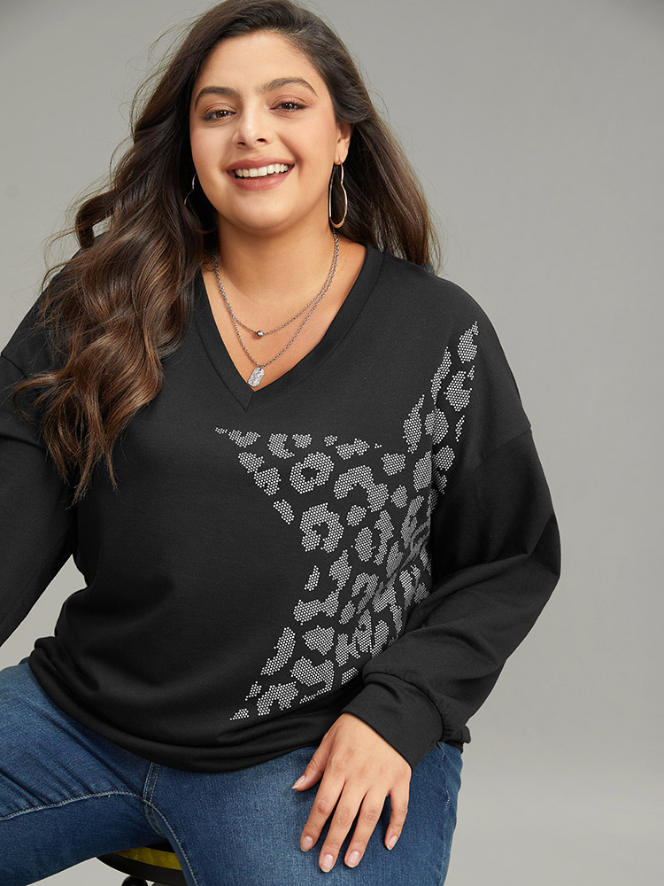 Plus Size Women Dailywear Star and moon Printed Regular Regular Sleeve Long Sleeve V-neck Casual Sweatshirts BloomChic 